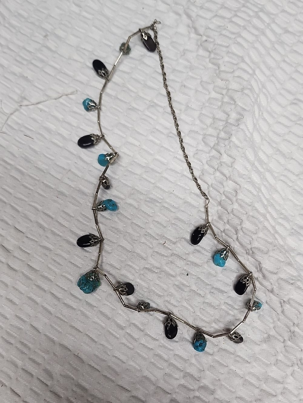 Turquoise And Obsidian Teardrop Charm Necklace - Silver